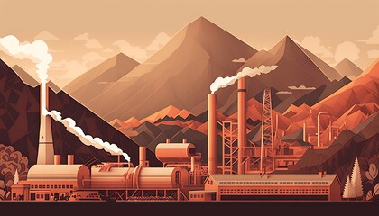  a painting of a factory with smoke stacks and mountains in the background, with a sky filled with clouds and mountains in the foreground.  generative ai