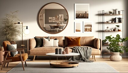  a living room filled with furniture and a large round mirror above the couch and a round mirror on the wall above the couch and a table.  generative ai