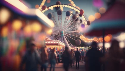 Foto op Plexiglas  a blurry photo of a carnival with a ferris wheel in the foreground and people walking around the fairground at night with lights.  generative ai © Shanti