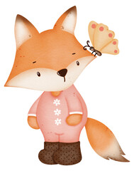 Watercolor cute fox cartoon character