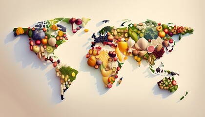  a map of the world made up of many different fruits and vegetables, all in different shapes and sizes, all on a white background.  generative ai