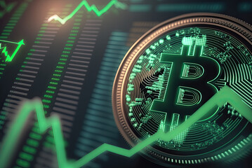 Bitcoin trading bull market with green stick trading chart and arrows. generative ai