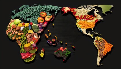  a map of the world made up of fruits and vegetables on a black background with a black background and a black background with a black border.  generative ai