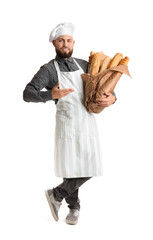 Male baker with fresh baguettes on white background