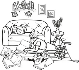 Obraz premium Hand Drawn Elderly reading books with dogs and cats illustration in doodle style