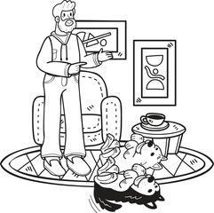 Hand Drawn Elderly man training a dog illustration in doodle style