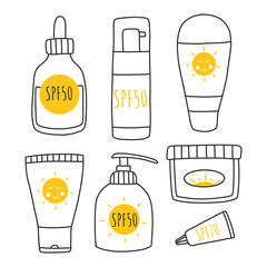 Set of Sunscreens, lotions with SPF. Sunscreen protection and sun safety. Sunscreen, lotion with SPF. Sunscreen lotion isolated. hand drawn vector illustration. Doodle style.