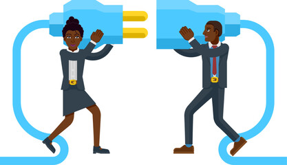 Two business people plugging connecting together electrical plug conceptual illustration