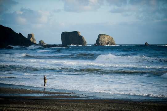 Man fishing on coastal beach, Olympia, Washington, USA