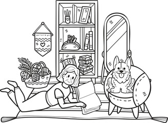 Hand Drawn Elderly reading a book with a dog illustration in doodle style