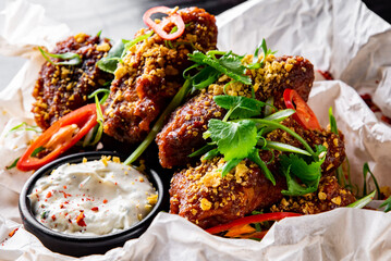 fried bbq chicken wings in plate