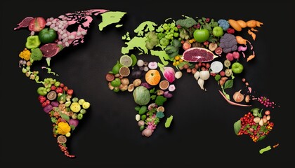  a map of the world covered in lots of different types of vegetables and fruits and vegetables on a black background with a black border around it.  generative ai