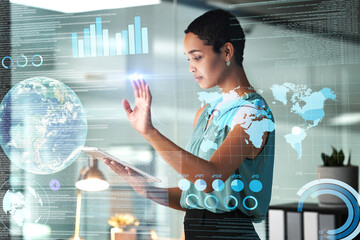 Globe, tablet and overlay with a business black woman using an ai or ux interface to access the metaverse of data. Digital, finance and information with a global network working on a 3d hologram