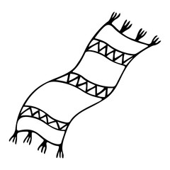 Long carpet. Sketch. Floor covering with zigzag pattern. Patterned floor mat with fringes. Vector illustration. Rug in doodle style. Outline on isolated background. 