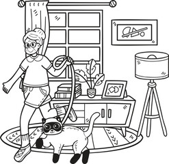 Hand Drawn Elderly play with cat illustration in doodle style