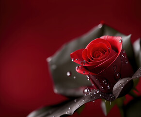 Red Rose flower with drops and grey leaves. Banner with Bloom with Copy space. Beautiful Shot of Strict Blooming Rose e.g. for commemoration. Generative AI.