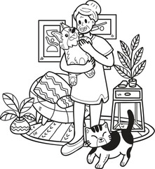 Hand Drawn Elderly play with dogs and cats illustration in doodle style