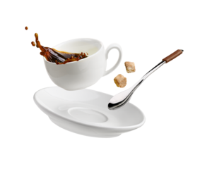 Cup of coffee with a splash drop fly with saucer and spoon on transparent background