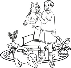 Hand Drawn Elderly play with dogs and cats illustration in doodle style