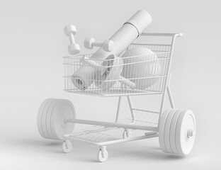 Sport equipment for fitness, gym in shopping cart on monochrome