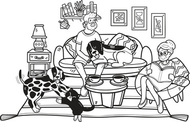 Obraz premium Hand Drawn Elderly hugging dogs and cats illustration in doodle style