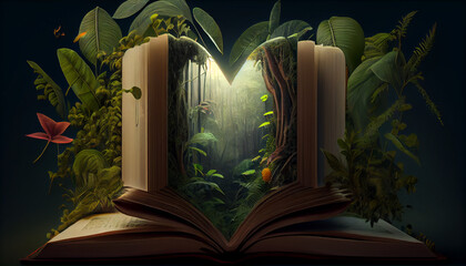 A tropical forest jungle appearing from opening book, generative ai