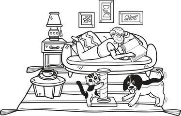 Hand Drawn Elderly reading books with dogs and cats illustration in doodle style