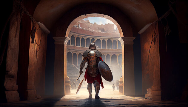 Ancient Roman Gladiator Entering The Colosseum Before Battle, Generative Ai