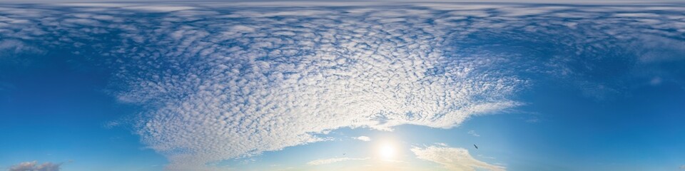 Obraz premium Blue summer sky panorama with light Cirrus clouds. Hdr seamless spherical equirectangular 360 panorama. Sky dome or zenith for 3D visualization and sky replacement for aerial drone 360 panoramas.