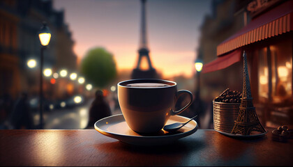 Cup of delicious coffee on blurred background of Paris view with Eiffel tower, generative ai