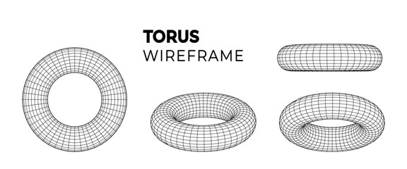 Wireframe torus with different structure of the grid frame. Futuristic digital technology. Vector Illustration. PNG