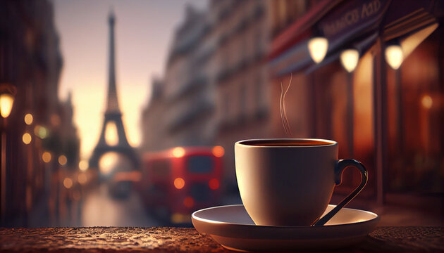 Cup of delicious coffee on blurred background of Paris view with Eiffel tower, generative ai