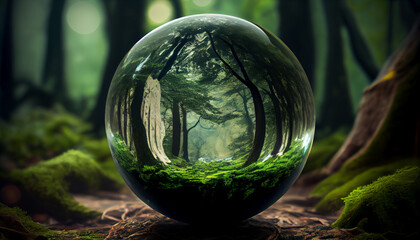 Glass marble sphere earth with a forest in background, generative ai © TheGoldTiger