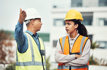 Supervisor, engineering and angry with people on construction site for project management, building...