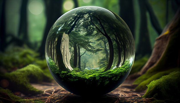 Glass marble sphere earth with a forest in background, generative ai