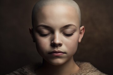 Serene portrait of young bald girl with eyes closed facing camera against textured background, generative AI