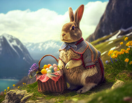 Generative AI illustration of the easter bunny, dressed in a coat, standing on an alpine meadow next to a basket of dyed eggs and yellow flowers
