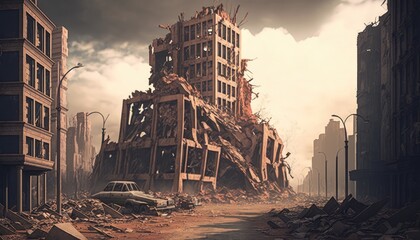 Fototapeta premium A View of Destruction: A Post-Apocalyptic Cityscape After an Earthquake, AI generative