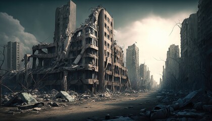 The Fallout of an Earthquake: A Post-Apocalyptic View of a City in Ruins, AI generative