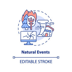 Natural events concept icon. Tornadoes and wildfire. Recovery. Disaster type abstract idea thin line illustration. Isolated outline drawing. Editable stroke. Arial, Myriad Pro-Bold fonts used