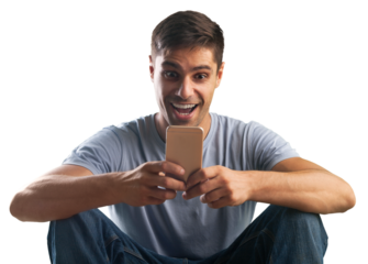 Shocked young man looking at his mobile phone seeing bad news or reading text message