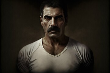 Fototapeta premium Dramatic art portrait of middle aged mexican man with mustache looking at camera against textured dark background, generative AI