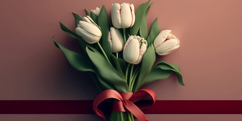 Bouquet of white tulips with red ribbon on a pink background. Flowers for a holiday. Women's International Day concept. To show attention. Generative AI