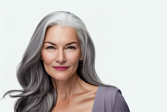 portrait of a beautiful mature woman with long grey hair on white background. Illustration. Generative AI