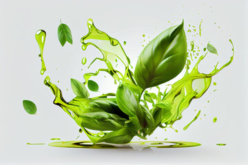 Fresh Basil herb leaves and olive oil splash flying. Creative food and spices background. White background. Generative Ai