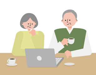 コーヒーを飲みながらPCを眺める中高年夫婦のイラスト	
