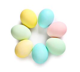 Composition with beautiful painted Easter eggs on white background