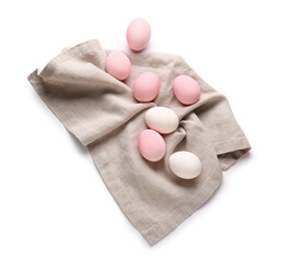 Napkin with painted Easter eggs on white background