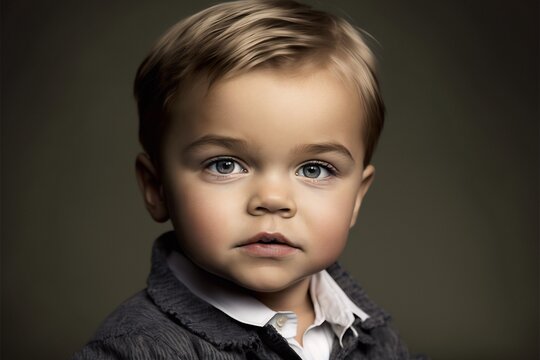 Artistic portrait of cute toddler boy with blonde hair wearing suit shirt and looking at camera, generative AI