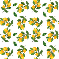 Beautiful Watercolor seamless pattern with lemons on the white background. Vector illustration. Hand-drawn background.